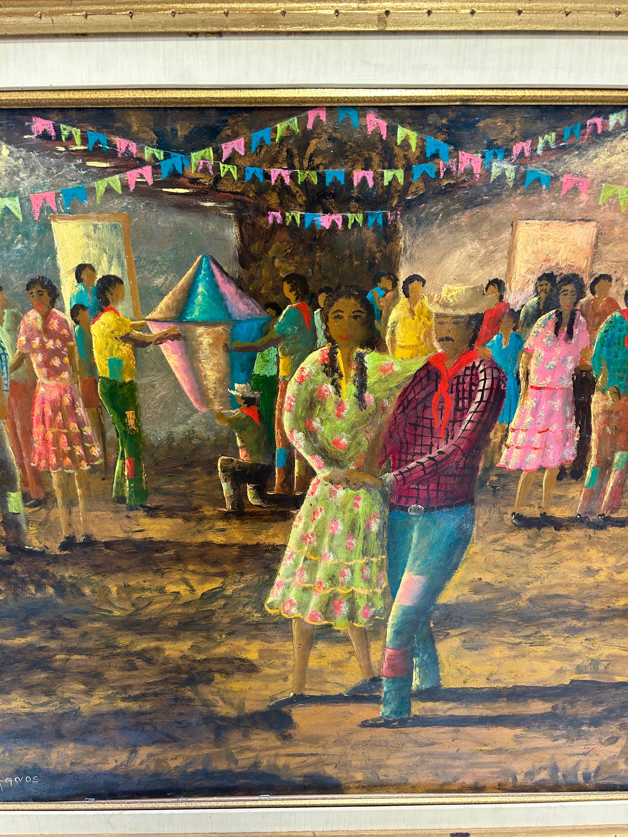 PAPAS STEFANOS (GREEK B.1956): AN OIL ON CANVAS PAINTING DEPICTING FIGRES DANCING AT A FIESTA, - Image 2 of 4