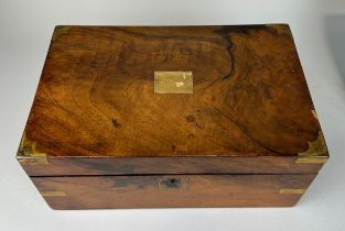 A 19TH CENTURY MAHOGANY AND BRASS BOUND WRITING SLOPE, With black tooled leather interior and two