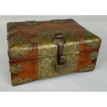 A CHINESE WOODEN AND BRASS BOX, 20cm x 14cm x 10cm