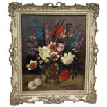 A 19TH CENTURY OIL ON CANVAS PAINTING IN THE DUTCH MANNER DEPICTING A BASKET OF FLOWERS, Signed 'P