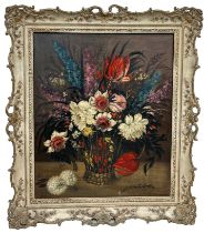 A 19TH CENTURY OIL ON CANVAS PAINTING IN THE DUTCH MANNER DEPICTING A BASKET OF FLOWERS, Signed 'P