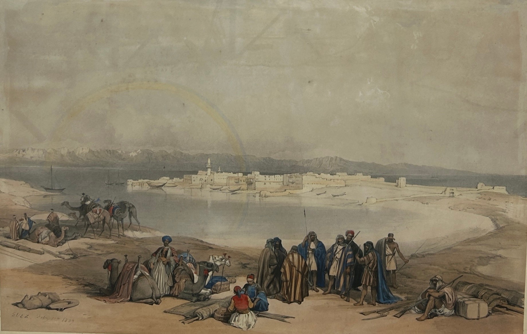 AFTER DAVID ROBERTS RA (1796-1864): A HAND COLOURED ENGRAVING TITLED 'SUEZ 1869', 49cm x 32cm - Image 2 of 4