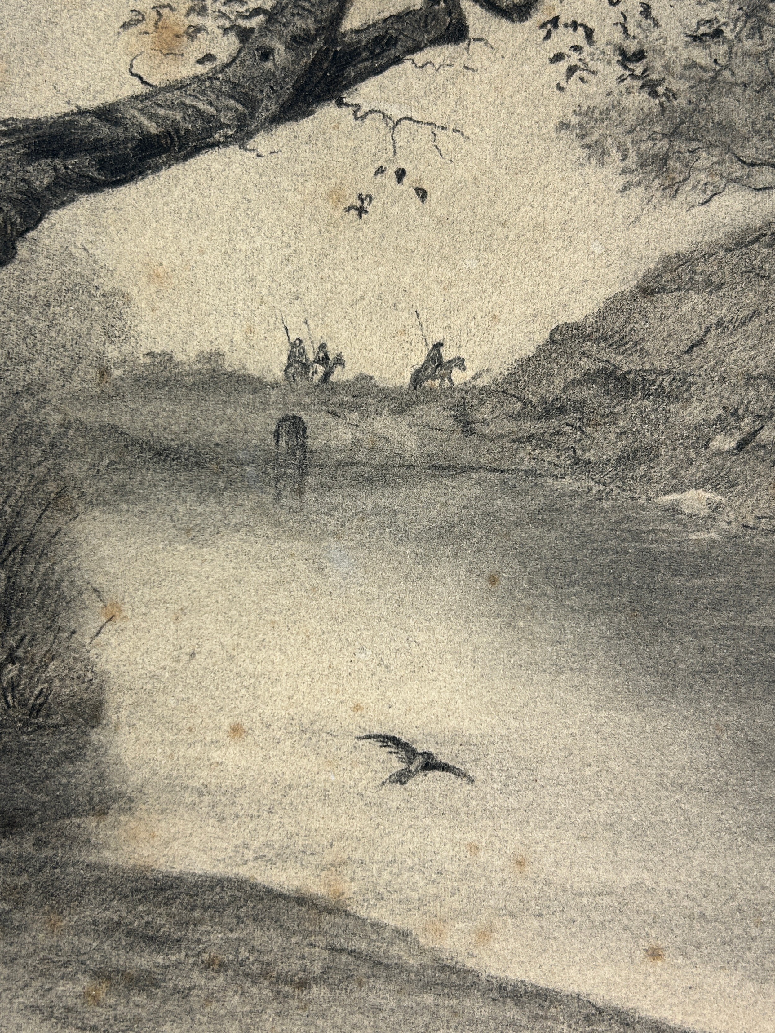 ATTRIBUTED TO JOSEPH HOGER (1901-1977): A PENCIL AND CHALK LANDSCAPE DRAWING WITH FIGURES, 48cm x - Image 4 of 6