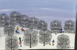 GORDON BARKER (B.1960): AN ACRYLIC PAINTING ON PAPER 'SKIING AND SKATING IN THE SNOW', 47cm x 31cm