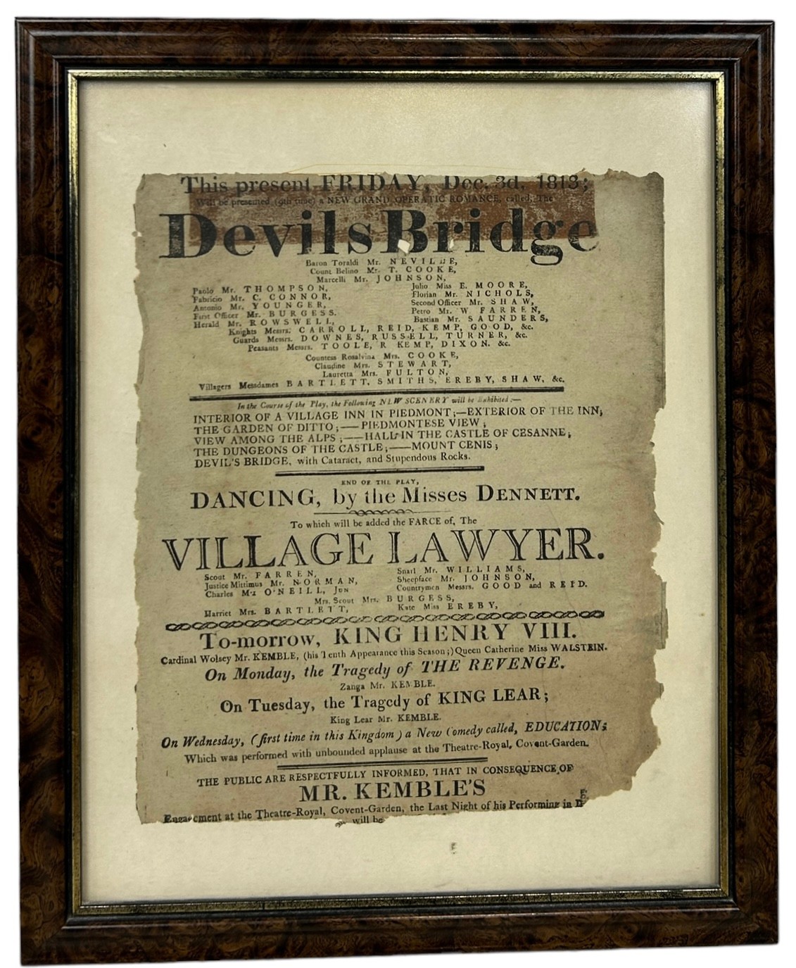 THEATRE INTEREST: A 19TH CENTURY THEATRE ADVERT 'DEVILS BRIDGE', 28cm x 22cm Mounted in a frame