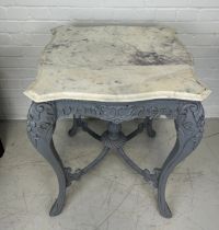 A GREY PAINTED FRENCH OCCASIONAL TABLE WITH WHITE VARIEGATED MARBLE TOP, 70cm x 60cm x 60cm