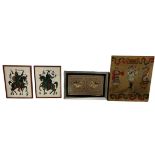 A SET OF FOUR ORIENTAL PAINTINGS AND EMBROIDERIES (4) Largest 76cm x 66cm. Three framed.