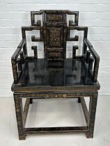 AN EARLY 20TH CENTURY CHINESE BLACK LACQUERED ARMCHAIR, 102cm x 65cm x 50cm