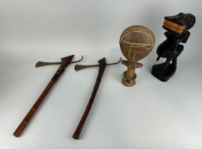 A COLLECTION OF AFRICAN ITEMS (4) To include two wooden figures and two axes Axes 60cm L Tallest