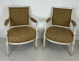 A PAIR OF FRENCH BERGERES (2), Upholstered in classical fabric. 90cm x 56cm x 44cm
