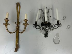 A REGENCY STYLE GILT BRASS WALL SCONCE ALONG WITH ANOTHER SCONCE WITH GLASS DROPS (2), Sconce 64cm x