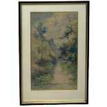 A FRENCH WATERCOLOUR PAINTING ON PAPER DEPICTING A RIVER GARDEN SCENE, Signed H.Robert 29cm x 17cm