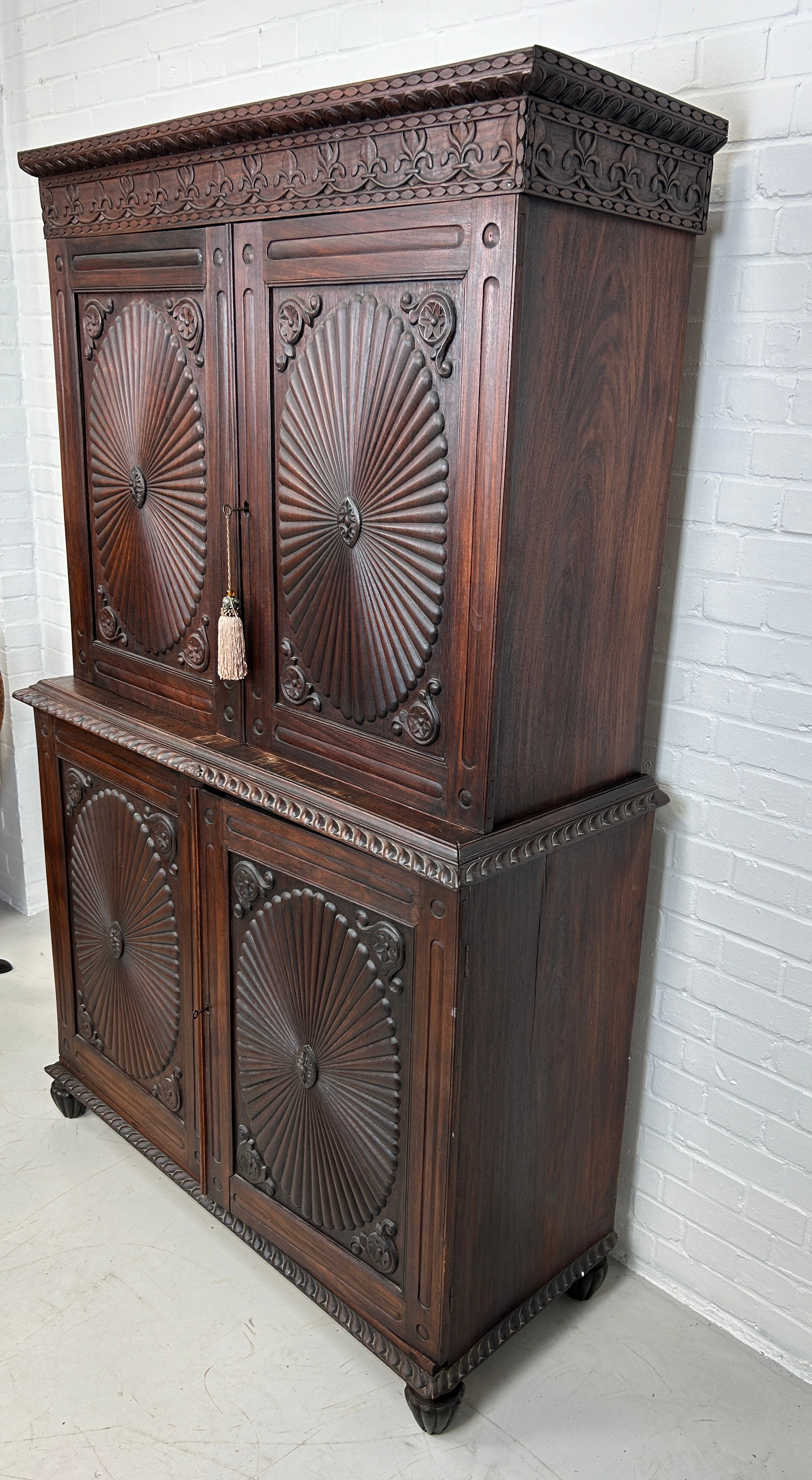 A 19TH CENTURY ANGLO INDIAN ROSEWOOD SECTIONAL WARDROBE WITH SUNBURST DESIGN PANELS, 194cm x 120cm x - Image 2 of 9