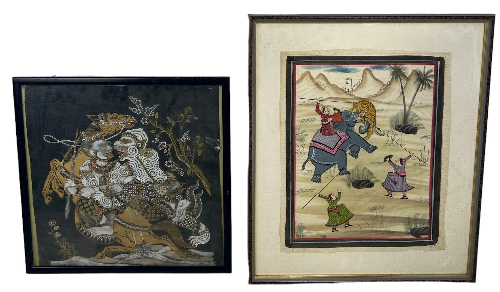 AN INDIAN PAINTING ON SILK ALONG WITH ANOTHER TIBETAN ONE (2), Largest 46cm x 39cm Framed 64cm x