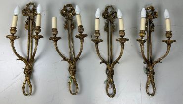 TWO PAIRS OF REGENCY STYLE GILT BRASS WALL SCONCES (4) 62cm x 25cm each