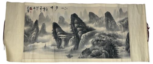 A CHINESE WATERCOLOUR PAINTING ON PAPER ATTRIBUTED TO CHEN DAZHANG, Painting 125cm x 63cm 172cm x