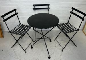 A METAL SET OF OUTDOOR TABLES AND FOLDING CHAIRS, Table 72cm x 60cm Chairs 80cm x 36cm x 36cm