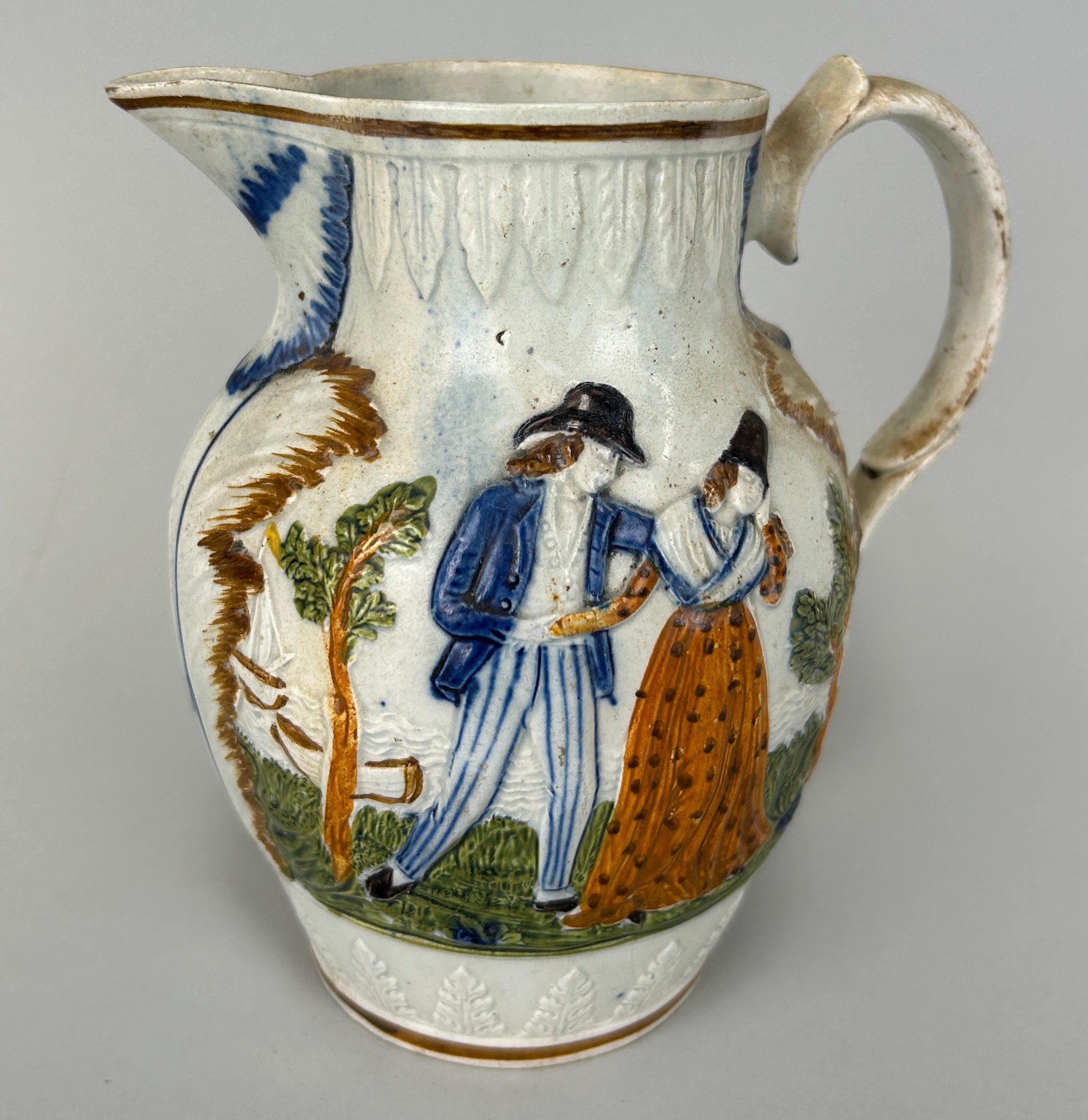 A PRATT WARE STYLE JUG, 16cm H