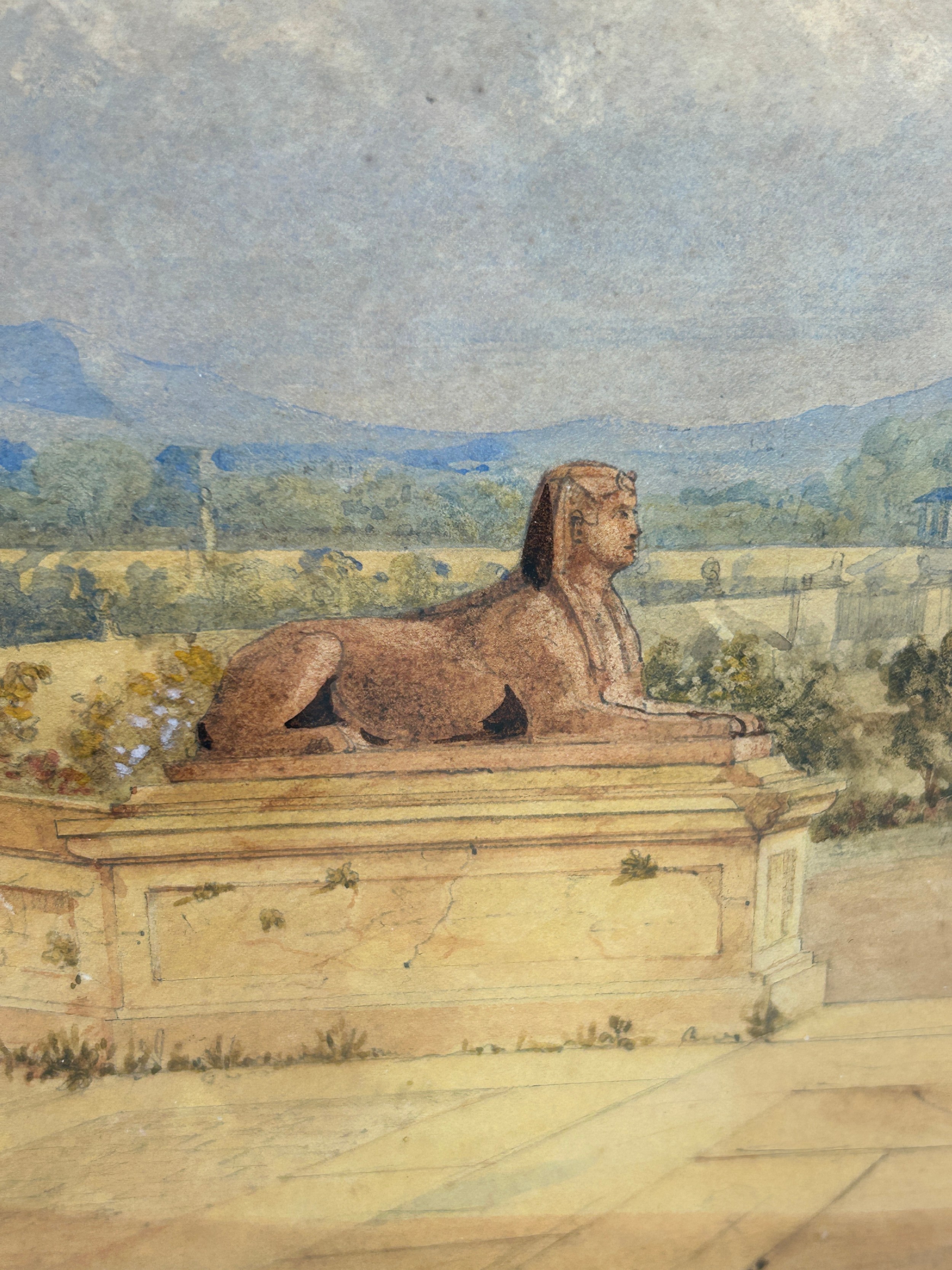 A 19TH CENTURY CONTINENTAL WATERCOLOUR PAINTING ON PAPER DEPICTING 'VIEW OF CLASSICAL STATUES IN A - Image 2 of 4