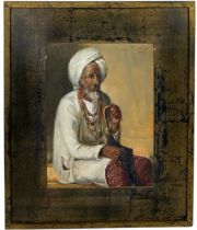 ATTRIBUTED TO ANGELA TRINDADE (1909-1980) AN INDIAN OIL ON BOARD PAINTING OF A GENTLEMAN WEARING A