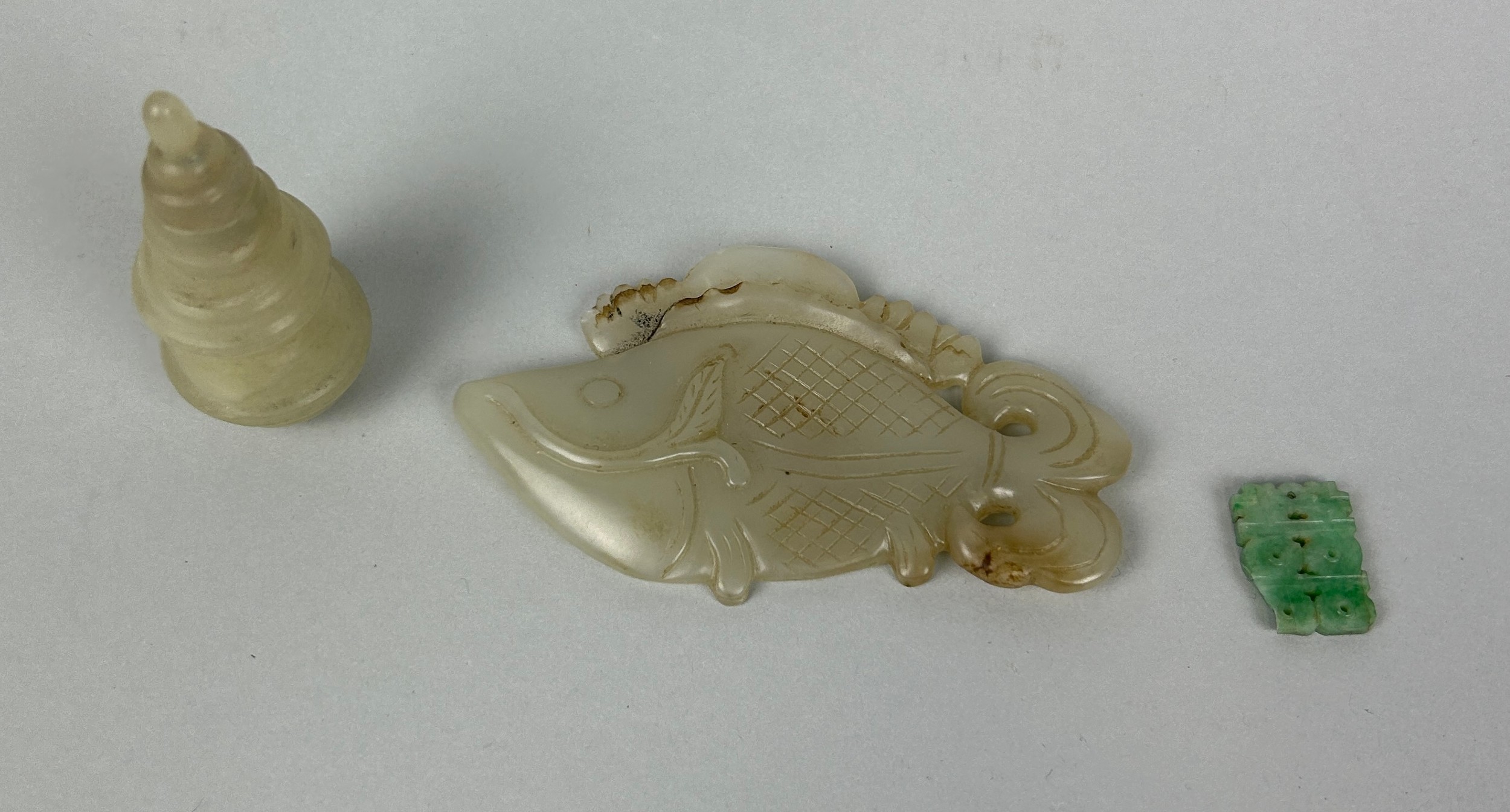 THREE CHINESE JADES, TO INCLUDE ONE DEPICTING A FISH, Fish 9cm L