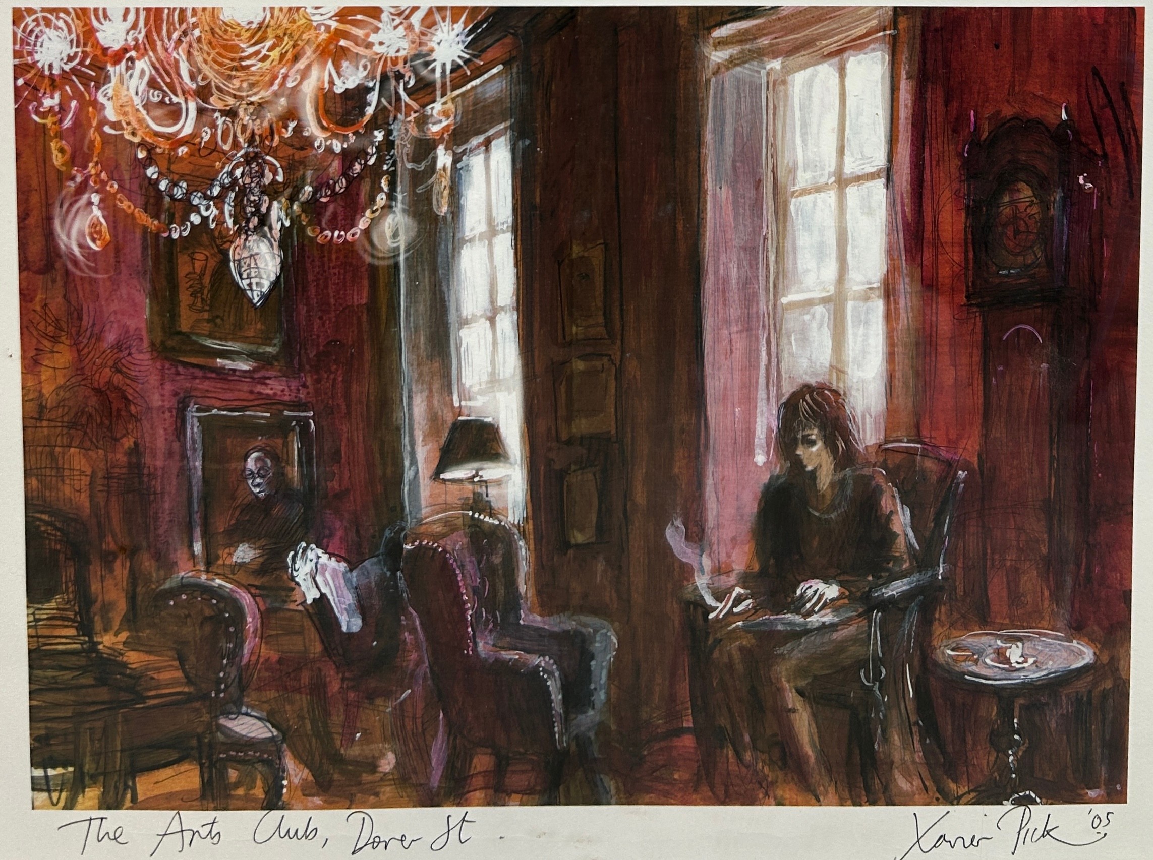 XAVIER PICK: A PEN DRAWING AND WATERCOLOUR PAINTING ON PAPER TITLED 'THE ARTS CLUB, DOVER ST', - Image 2 of 3