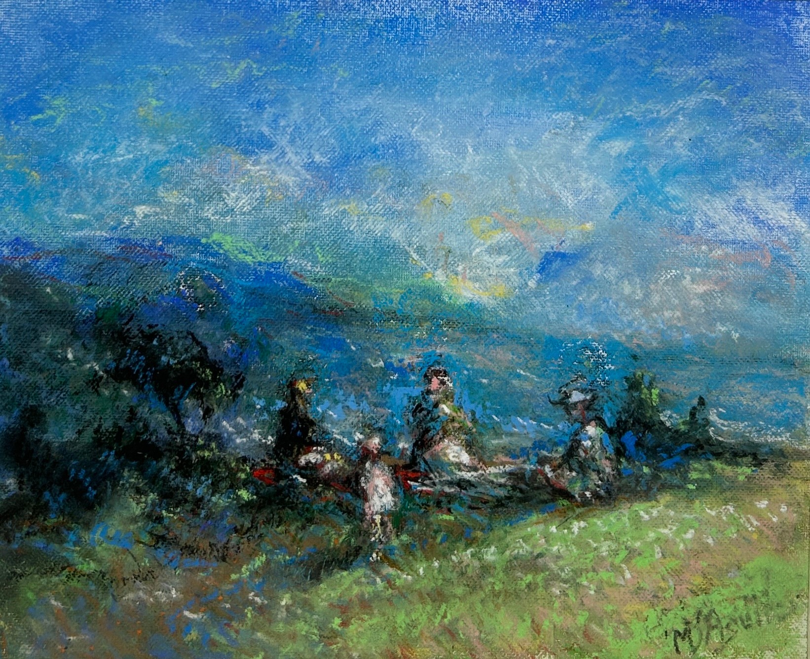MICHAEL D'AGUILAR BRITISH (1924-2011): A PASTEL DRAWING ON PAPER TITLED 'THE PICNIC ON THE SLOPES OF - Image 3 of 4