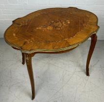 AN ITALIAN OCCASIONAL TABLE WITH MARQUETRY INLAY, On four slender legs 82cm x 65cm x 55cm