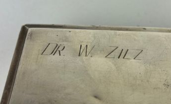 JUDAICA INTEREST: A STERLING SILVER BOX WITH WOODEN INTERIOR INSCRIBED 'DR W ZILZ', 15cm x 8cm x 4.
