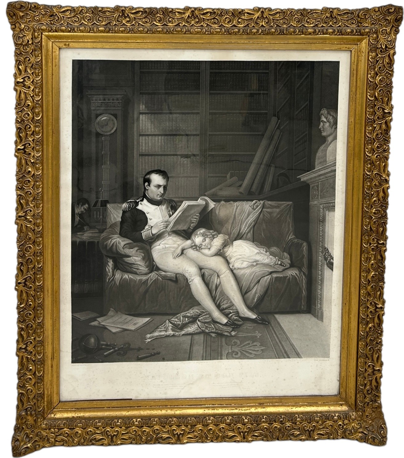 A 19TH CENTURY PRINT DEPICTING NAPOLEON BONAPARTE (1769-1821) AND HIS DAUGHTER, 75cm x 60cm