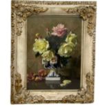 AN OIL PAINTING ON CANVAS BY BARBARA JOHNSON 'YELLOW ROSES IN A CHINA VASE', 38cm x 28cm Mounted