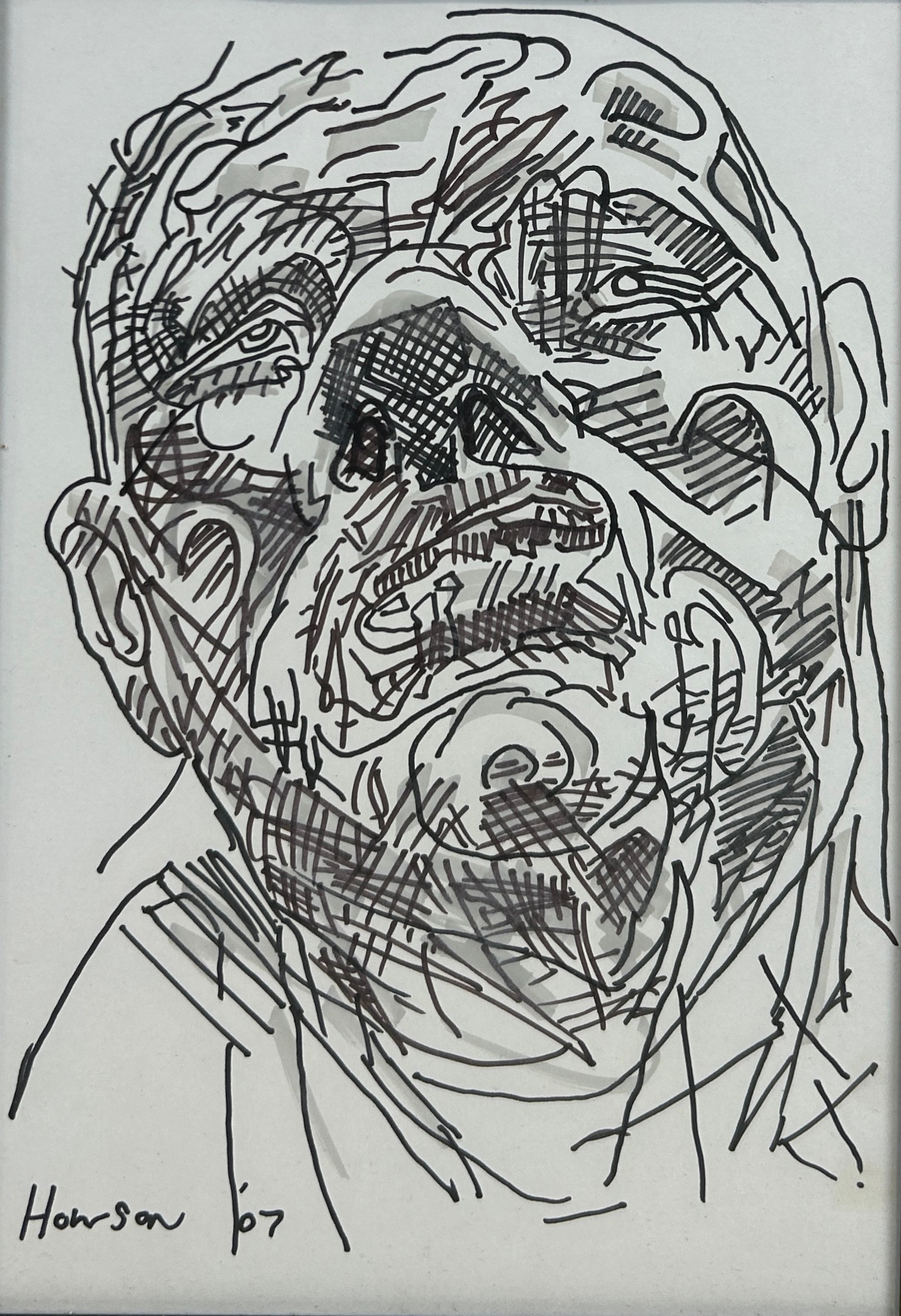 PETER HOWSON (SCOTTISH B.1958): A PEN ON PAPER DRAWING DEPICTING A GROTESQUE MAN, 28cm x 20cm - Image 2 of 2