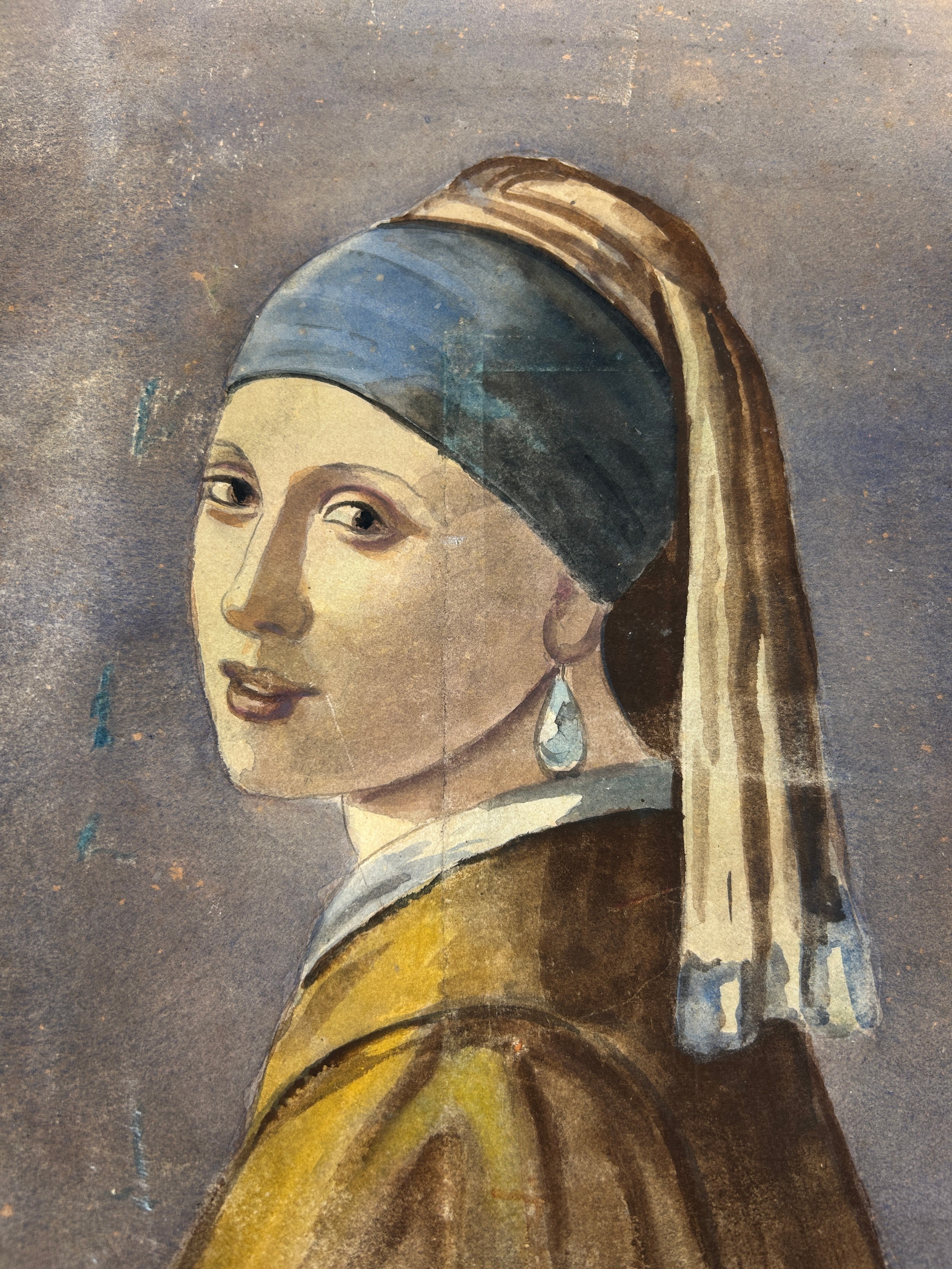 AFTER JOHANNES VERMEER: 'THE GIRL WITH THE PEARL EARRING': A WATERCOLOUR PAINTING ON PAPER, 33cm x - Image 2 of 2
