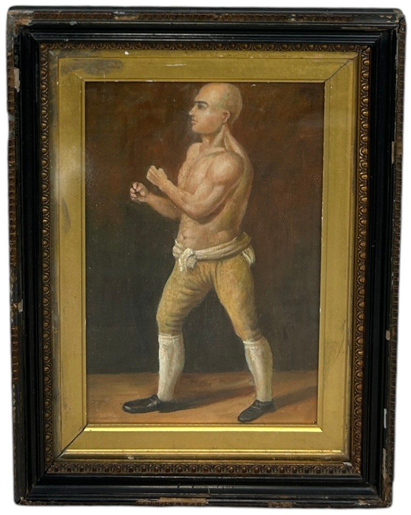 A 19TH CENTURY OIL ON CANVAS PAINTING DEPICTING THE FAMOUS PUGILIST GEORGE 'COACHMAN' STEVENSON,