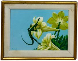 AN OIL ON BOARD PAINTING DEPICTING A GREEN LIZARD AND FLOWERS SIGNED 'SALVATORE', 34cm x 24cm