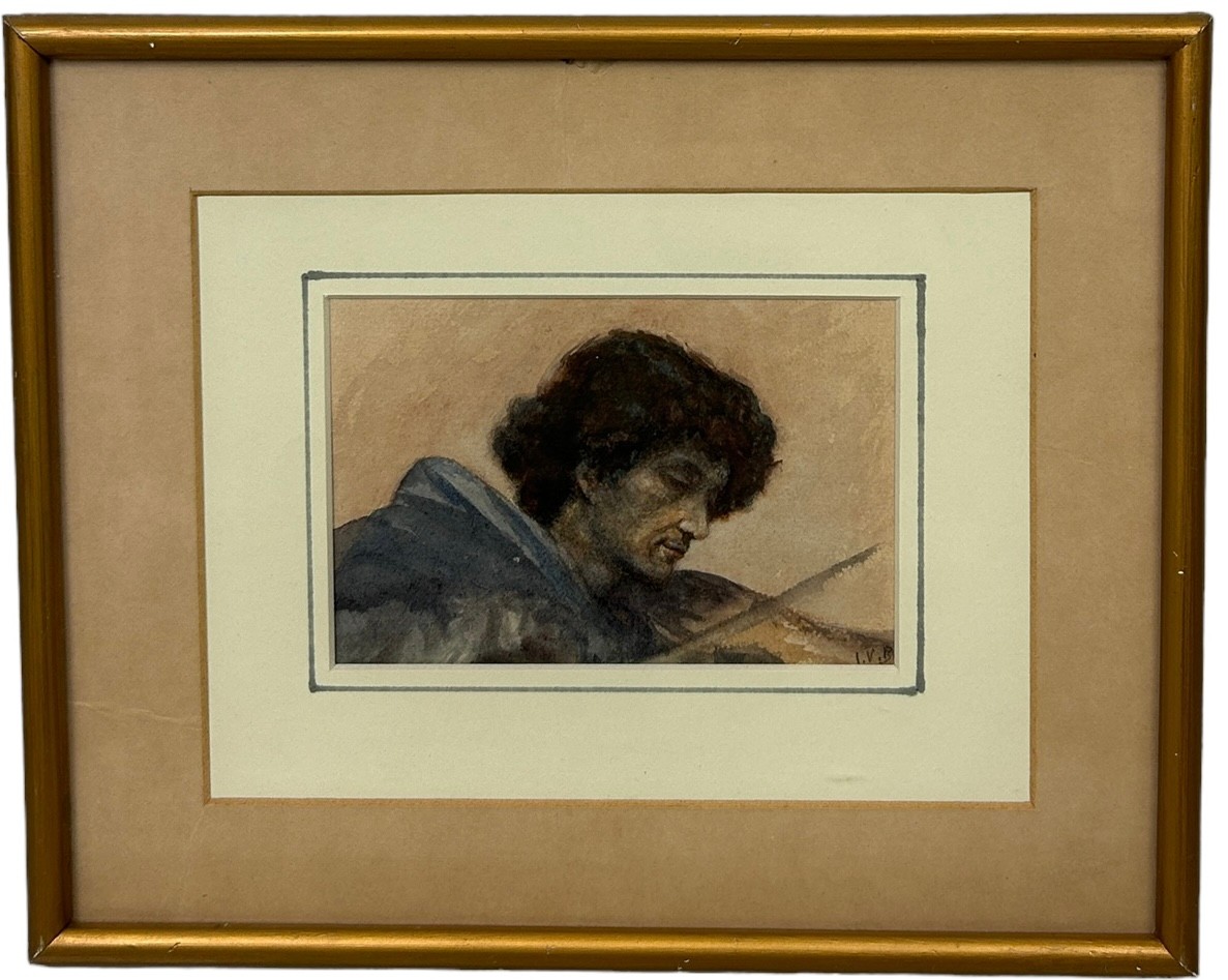 A 19TH OR 20TH CENTURY PRERAPHELITE WATERCOLOUR PAINTING ON PAPER DEPICTING A VIOLEN PLAYER BY - Image 2 of 3