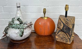 A GROUP OF THREE MID CENTURY CERAMIC TABLE LAMPS, Including a cave art painted lamp, a 1970's French