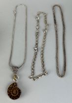 THREE SILVER CHAINS TO INCLUDE ONE SET WITH A FOSSIL AMMONITE (3), Weight: 71gms