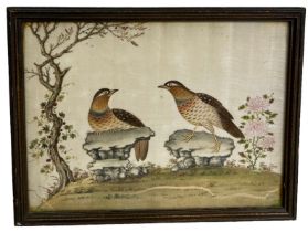 A 19TH CENTURY CHINESE RICE PAPER PAINTING DEPICTING TWO BIRDS PERCHED ON ROCKS WITH FLOWERS AND A