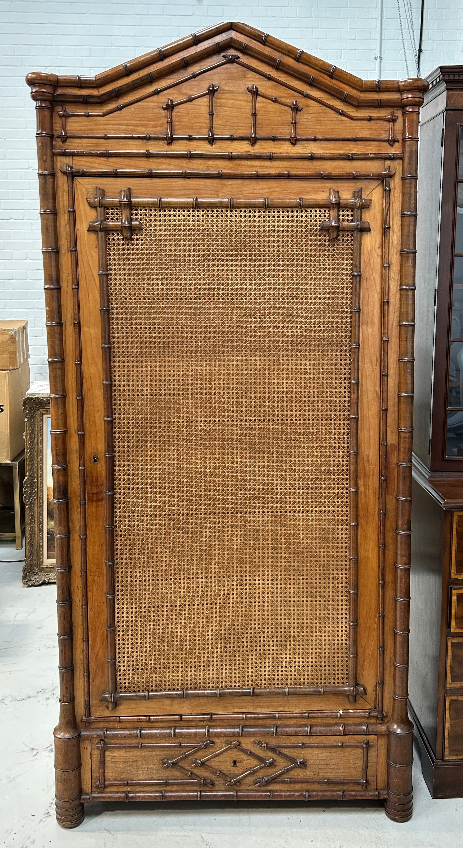 A 19TH CENTURY FRENCH FAUX BAMBOO WARDROBE, 223cm x 100cm x 42cm