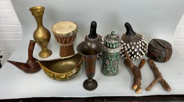 A COLLECTION OF AFRICAN, INDIAN ITEMS (QTY), To include a ceramic pharmacy jar, instruments,