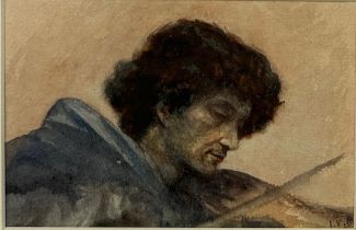 A 19TH OR 20TH CENTURY PRERAPHELITE WATERCOLOUR PAINTING ON PAPER DEPICTING A VIOLEN PLAYER BY