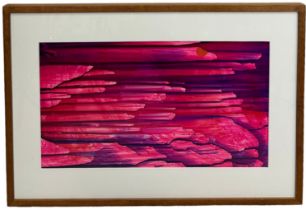 BRITISH 20TH CENTURY SCHOOL: AN ABSTRACT WATERCOLOUR ON PAPER TITLED 'FIERY LIGHT OVER ROCKS AND