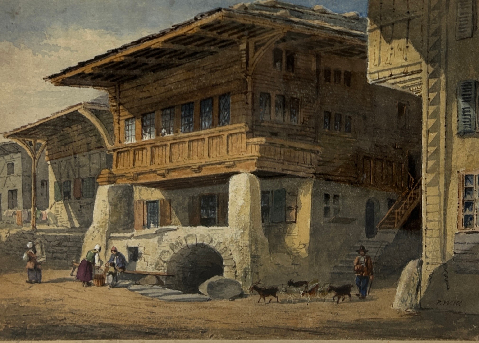 A 19TH CENTURY WATERCOLOUR PAINTING ON PAPER DEPICTING A TYROLEAN VILLAGE SCENE WITH LOCAL FOLK,