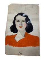 AN ART DECO WATERCOLOUR PAINTING ON PAPER DEPICTING A LADY'S HEAD AND SHOULDERS, Signed 37cm x
