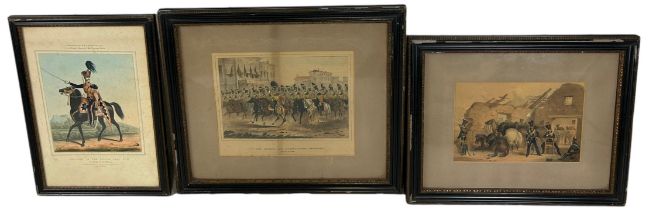 A SET OF THREE MILITARY EARLY ENGRAVINGS AND LITHOGRAPHS Mounted in Hogarth frames and glazed.