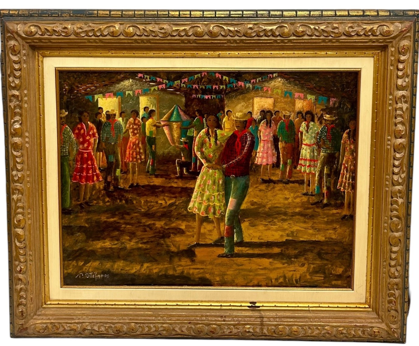 PAPAS STEFANOS (GREEK B.1956): AN OIL ON CANVAS PAINTING DEPICTING FIGRES DANCING AT A FIESTA,