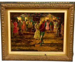 PAPAS STEFANOS (GREEK B.1956): AN OIL ON CANVAS PAINTING DEPICTING FIGRES DANCING AT A FIESTA,