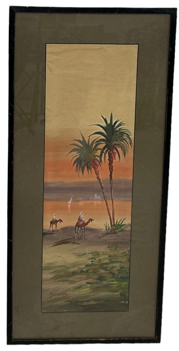 19TH OR 20TH CENTURY SCHOOL: ARABIAN OR EGYPTIAN CAMEL RIDERS BY THE RIVER NILE, 48cm x 16cm - Image 2 of 8