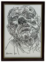 PETER HOWSON (SCOTTISH B.1958): A PEN ON PAPER DRAWING DEPICTING A GROTESQUE MAN, 28cm x 20cm